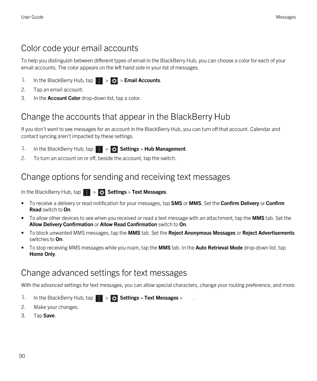 Blackberry Q5 manual Color code your email accounts, Change the accounts that appear in the BlackBerry Hub 