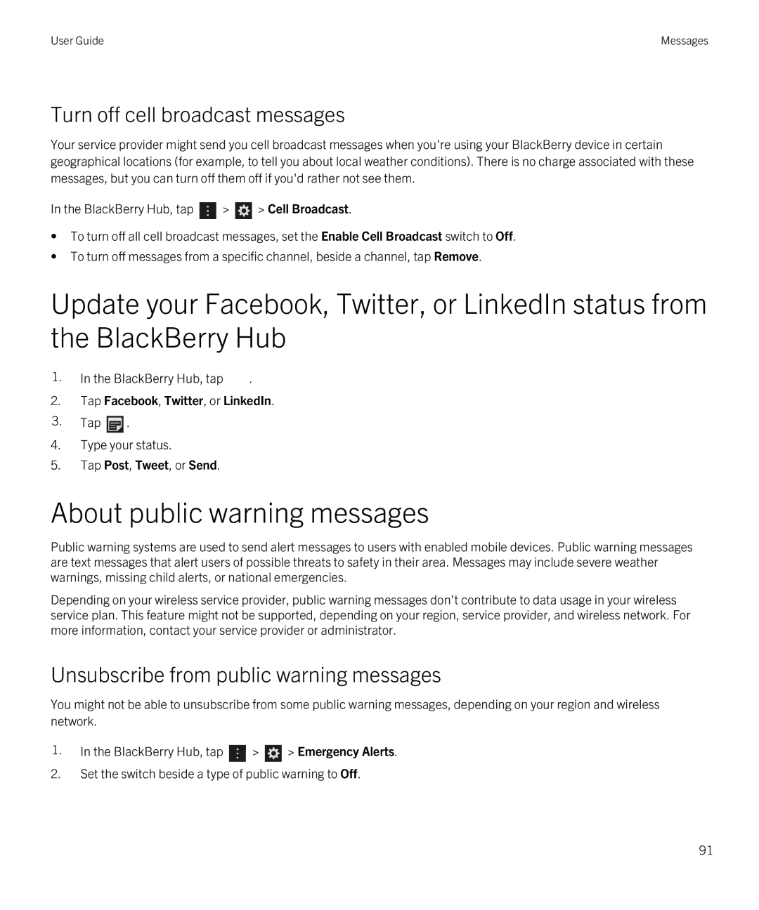 Blackberry Q5 About public warning messages, Turn off cell broadcast messages, Unsubscribe from public warning messages 