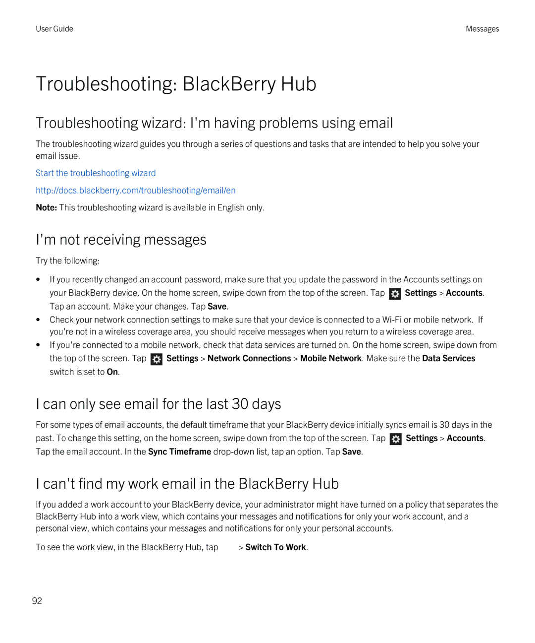 Blackberry Q5 manual Troubleshooting BlackBerry Hub, Troubleshooting wizard Im having problems using email 