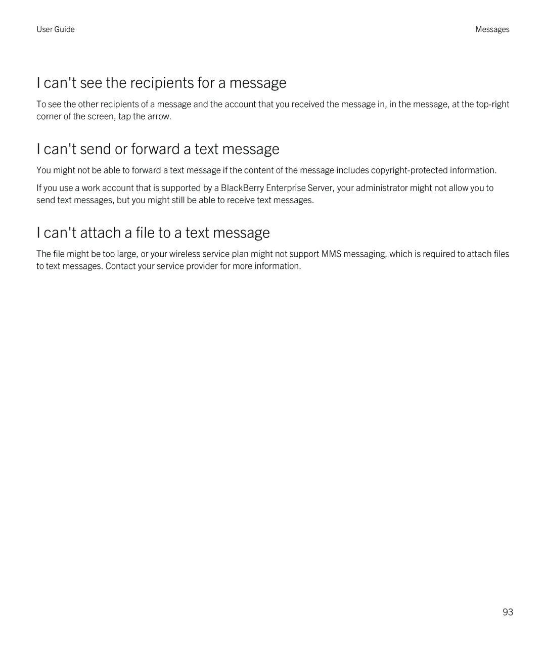 Blackberry Q5 manual Cant see the recipients for a message, Cant send or forward a text message 