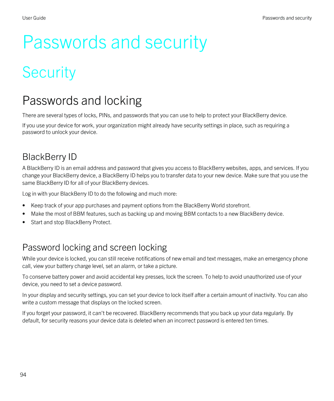 Blackberry Q5 manual Security, Passwords and locking, BlackBerry ID, Password locking and screen locking 