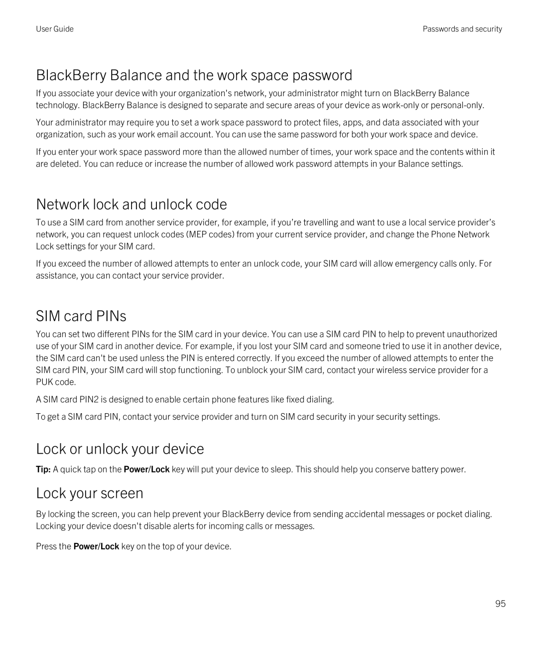 Blackberry Q5 manual BlackBerry Balance and the work space password, Network lock and unlock code, SIM card PINs 