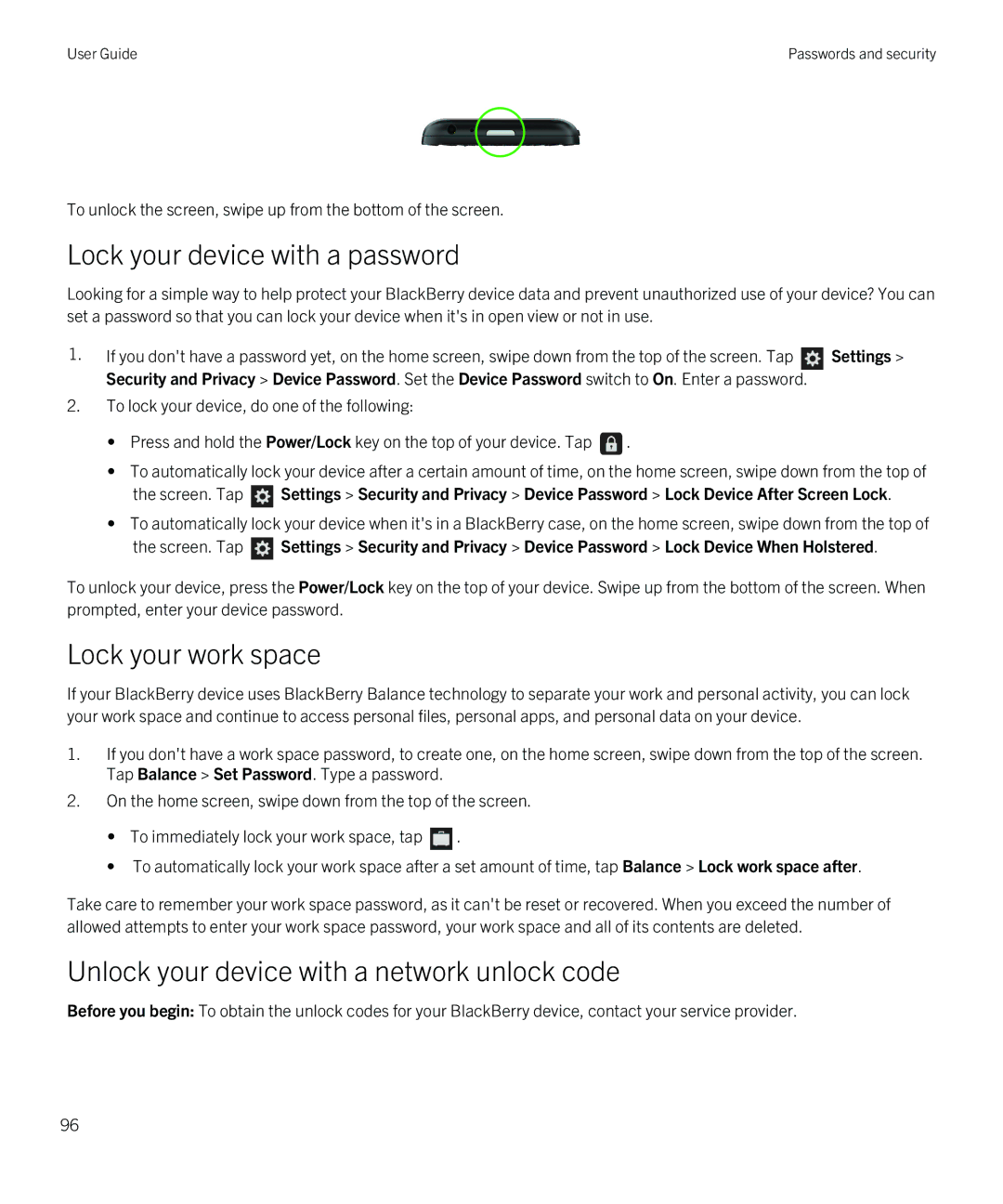 Blackberry Q5 manual Lock your device with a password, Unlock your device with a network unlock code 