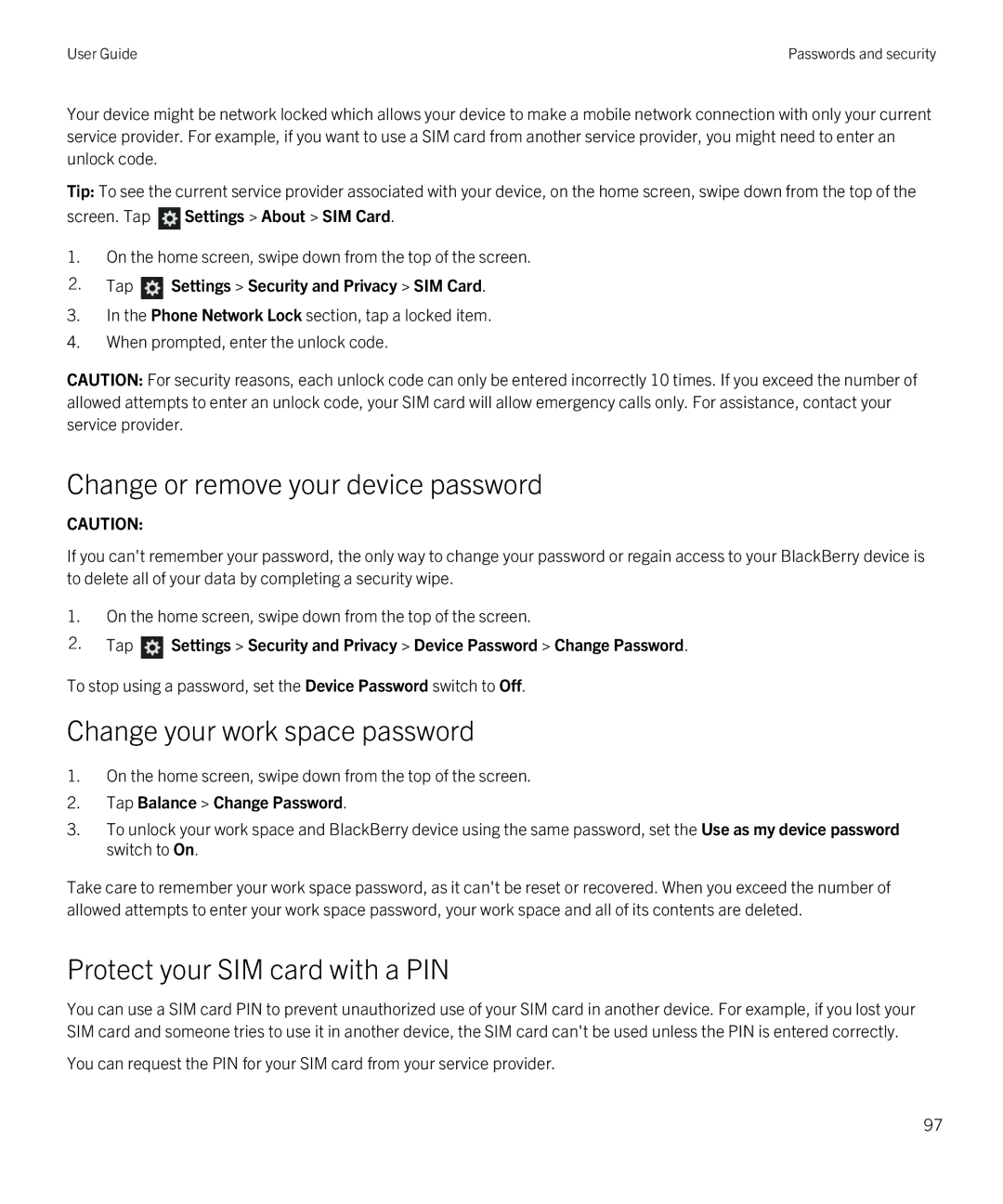 Blackberry Q5 Change or remove your device password, Change your work space password, Protect your SIM card with a PIN 