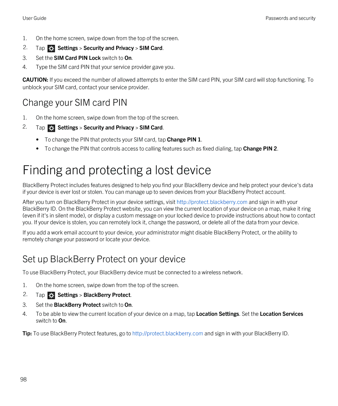 Blackberry Q5 Finding and protecting a lost device, Change your SIM card PIN, Set up BlackBerry Protect on your device 