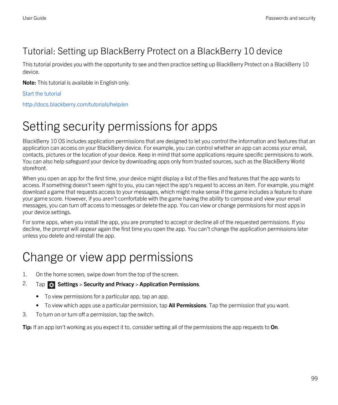 Blackberry Q5 manual Setting security permissions for apps, Change or view app permissions 