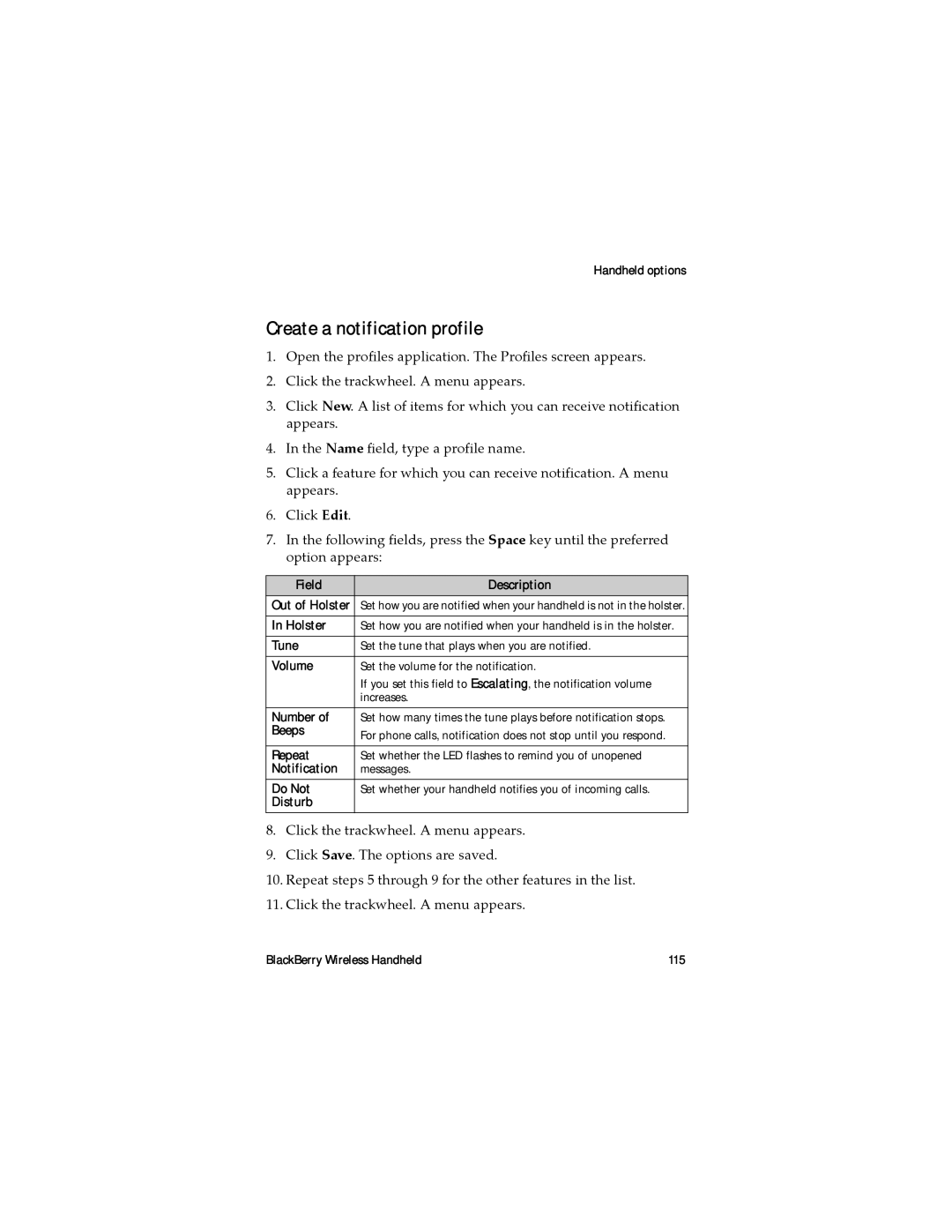 Blackberry RAL10IN manual Create a notification profile, Beeps, BlackBerry Wireless Handheld 115 