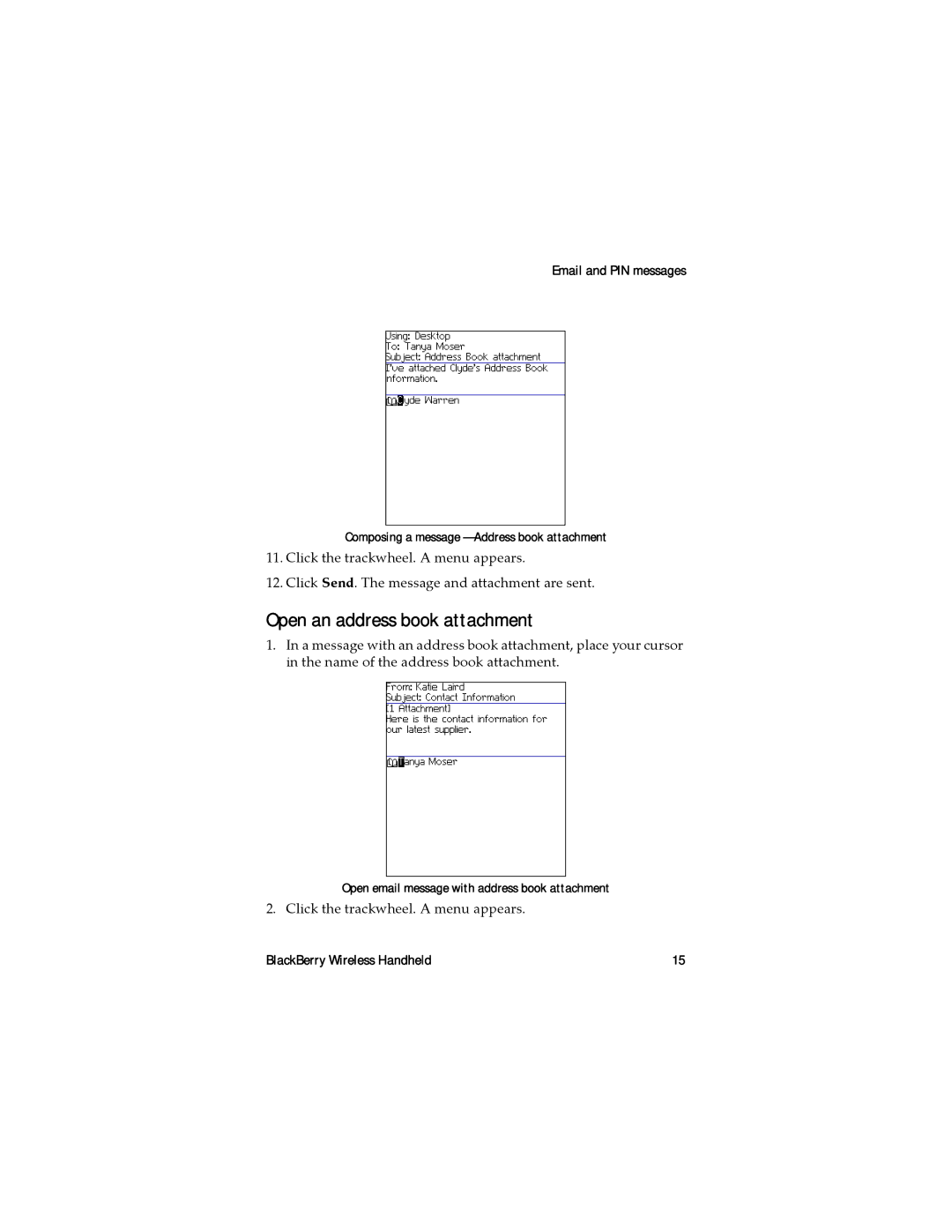 Blackberry RAL10IN manual Open an address book attachment, Open email message with address book attachment 