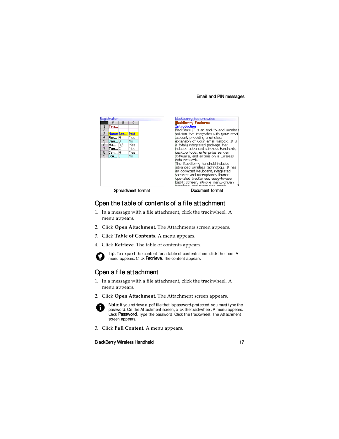 Blackberry RAL10IN manual Open the table of contents of a file attachment, Open a file attachment 