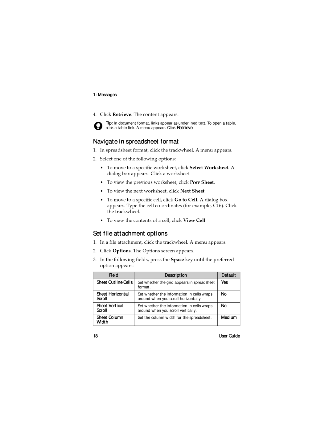 Blackberry RAL10IN manual Navigate in spreadsheet format, Set file attachment options, Click Retrieve. The content appears 