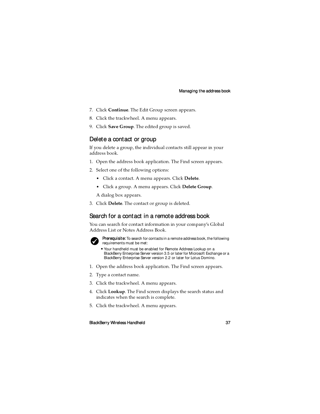 Blackberry RAL10IN manual Delete a contact or group, Search for a contact in a remote address book 