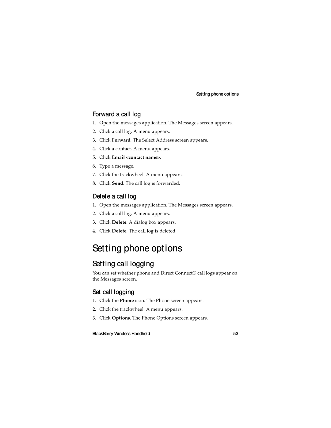 Blackberry RAL10IN Setting phone options, Setting call logging, Forward a call log, Delete a call log, Set call logging 