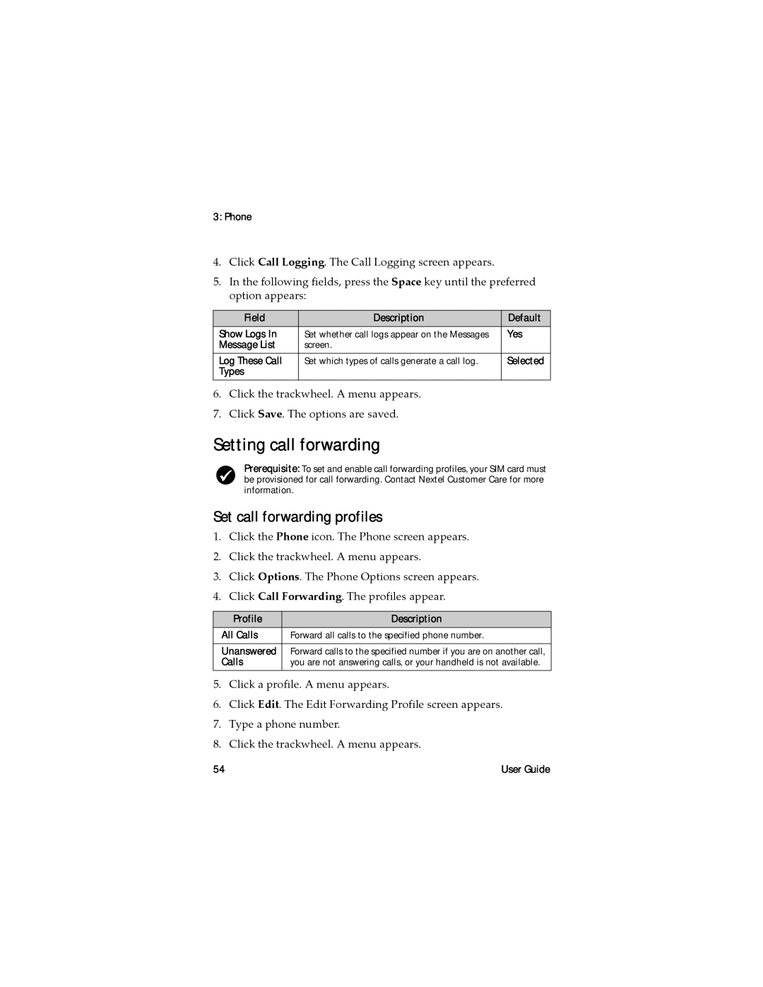 Blackberry RAL10IN manual Setting call forwarding, Set call forwarding profiles, Field Description Default Show Logs, Types 