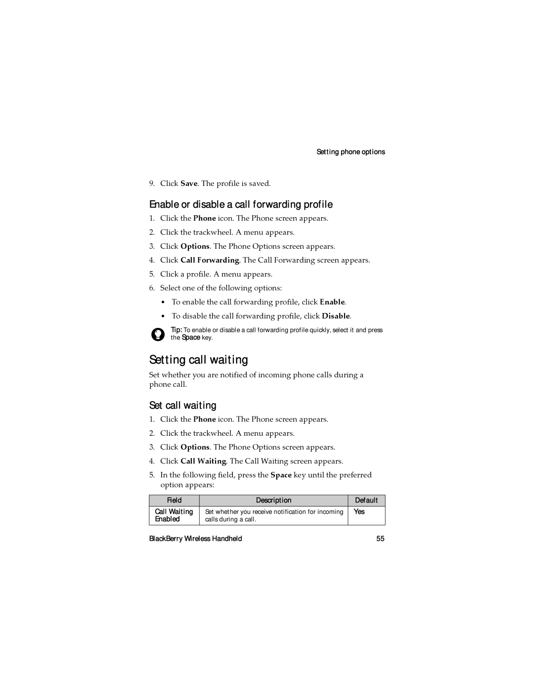 Blackberry RAL10IN manual Setting call waiting, Enable or disable a call forwarding profile, Set call waiting 