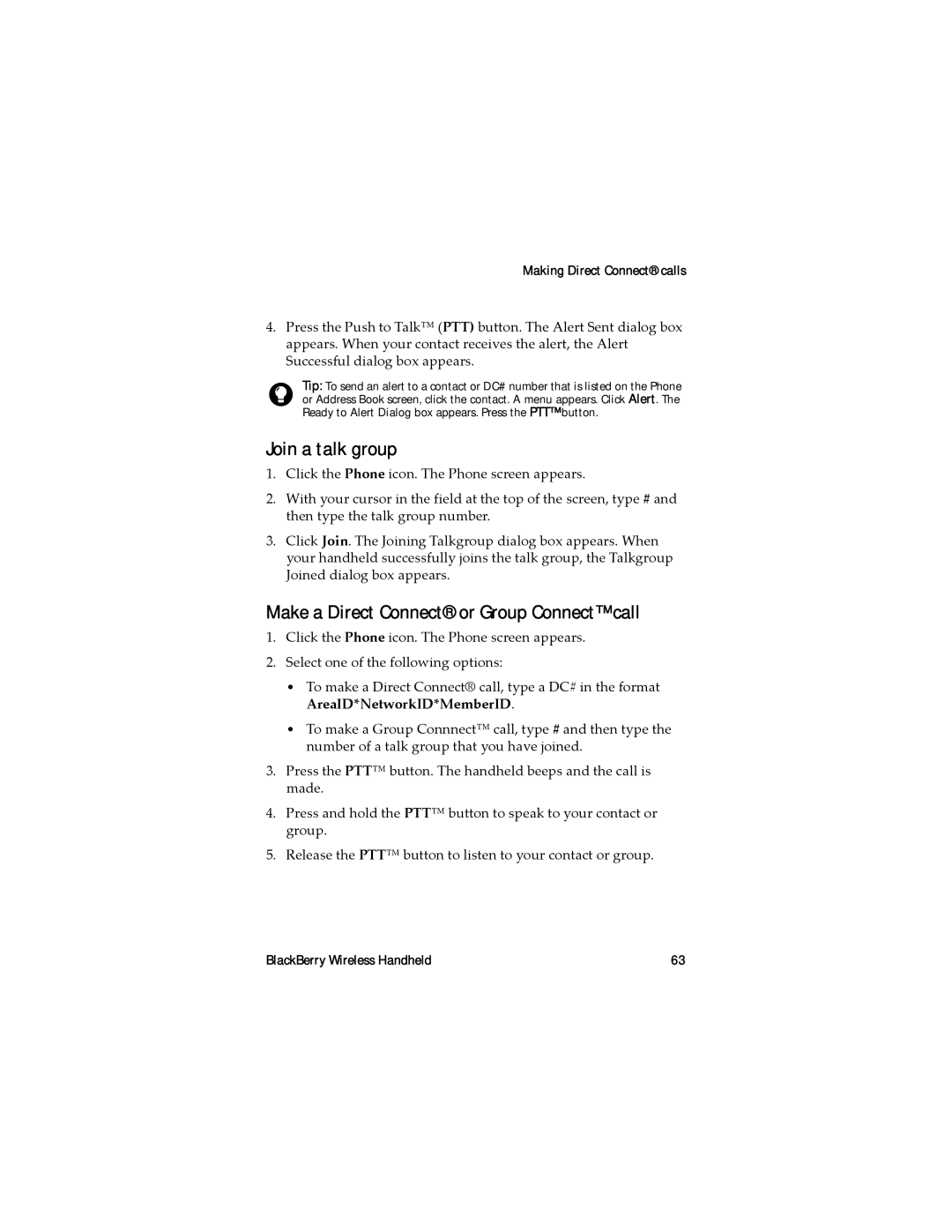 Blackberry RAL10IN manual Join a talk group, Make a Direct Connect or Group Connect call, Making Direct Connect calls 