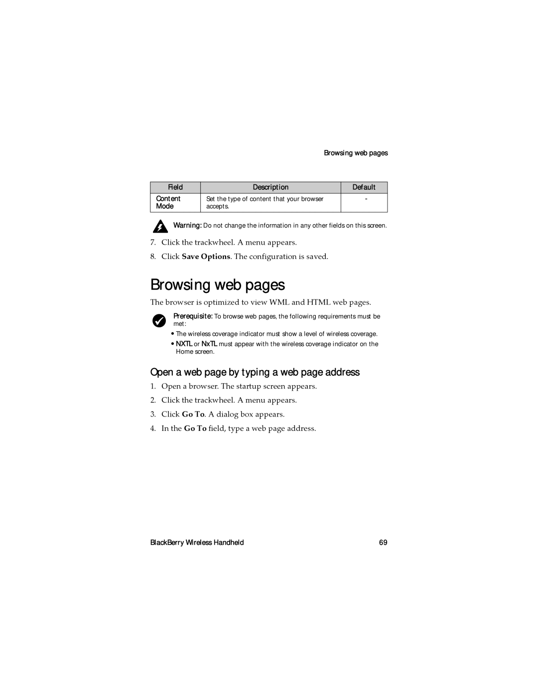 Blackberry RAL10IN Browsing web pages, Open a web page by typing a web page address, Field Description Default Content 
