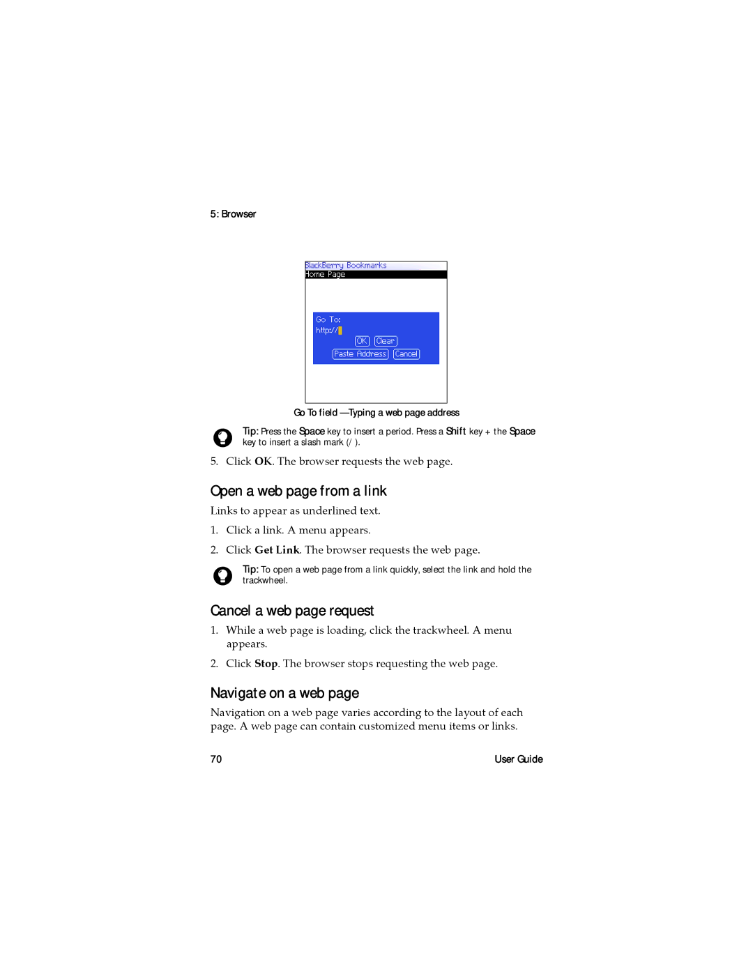 Blackberry RAL10IN manual Open a web page from a link, Cancel a web page request, Navigate on a web 