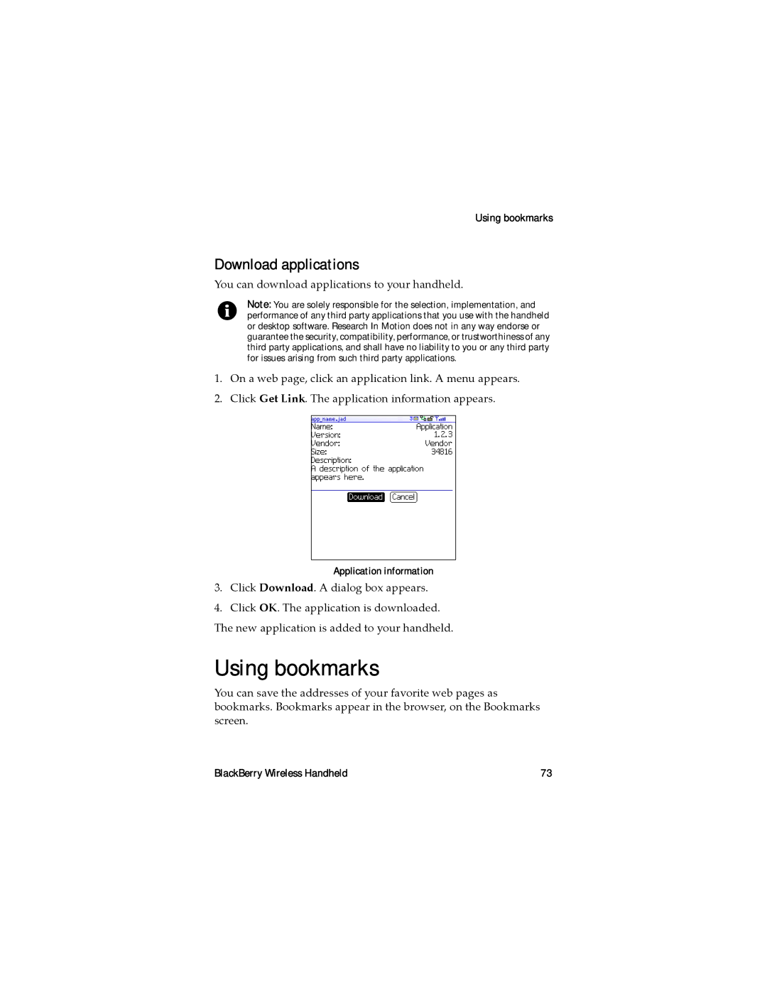 Blackberry RAL10IN Using bookmarks, Download applications, Click Download. a dialog box appears, Application information 