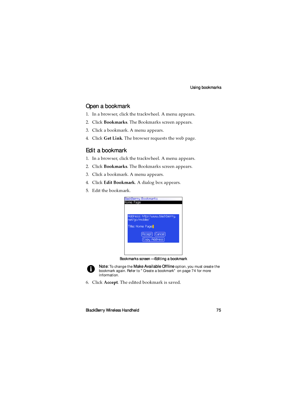 Blackberry RAL10IN manual Open a bookmark, Edit a bookmark, Click Accept. The edited bookmark is saved 
