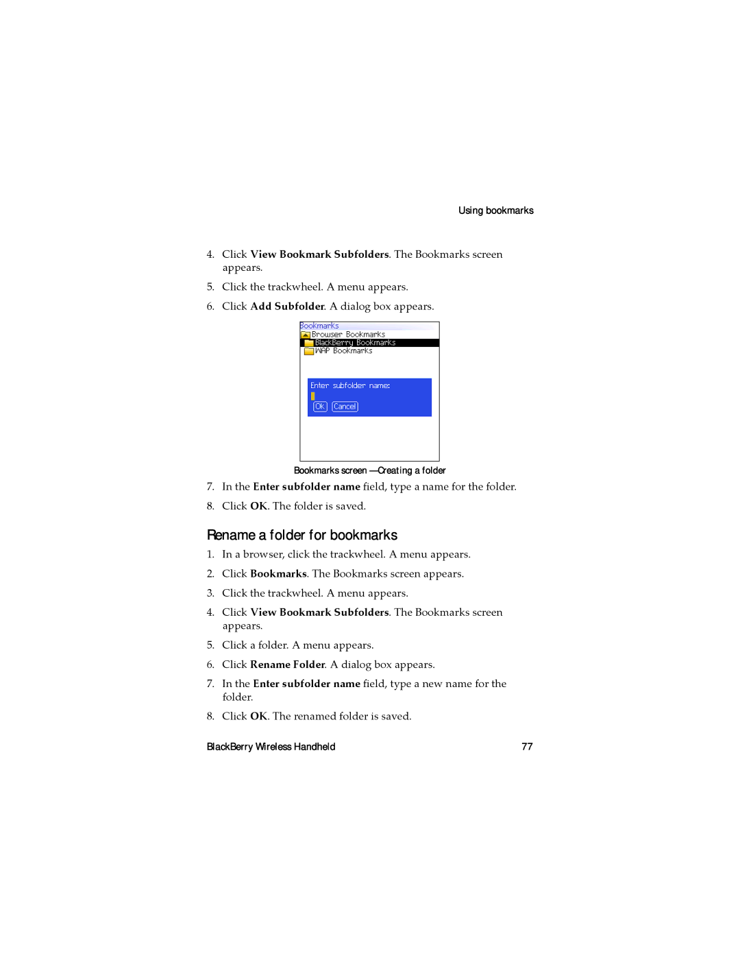 Blackberry RAL10IN manual Rename a folder for bookmarks, Bookmarks screen Creating a folder 