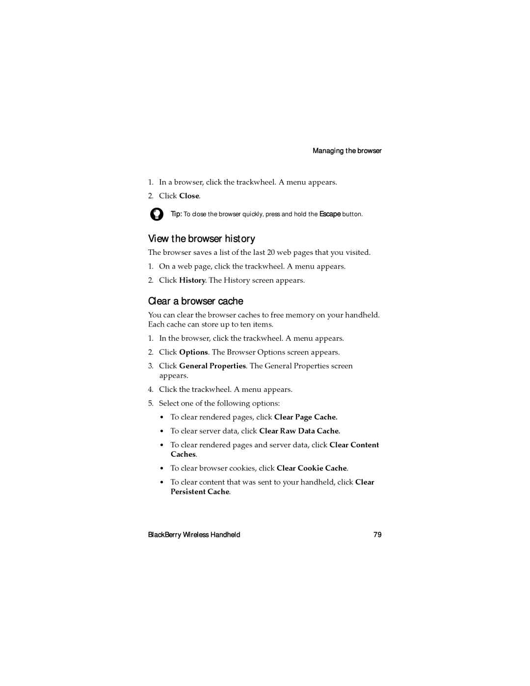 Blackberry RAL10IN manual View the browser history, Clear a browser cache, Managing the browser 