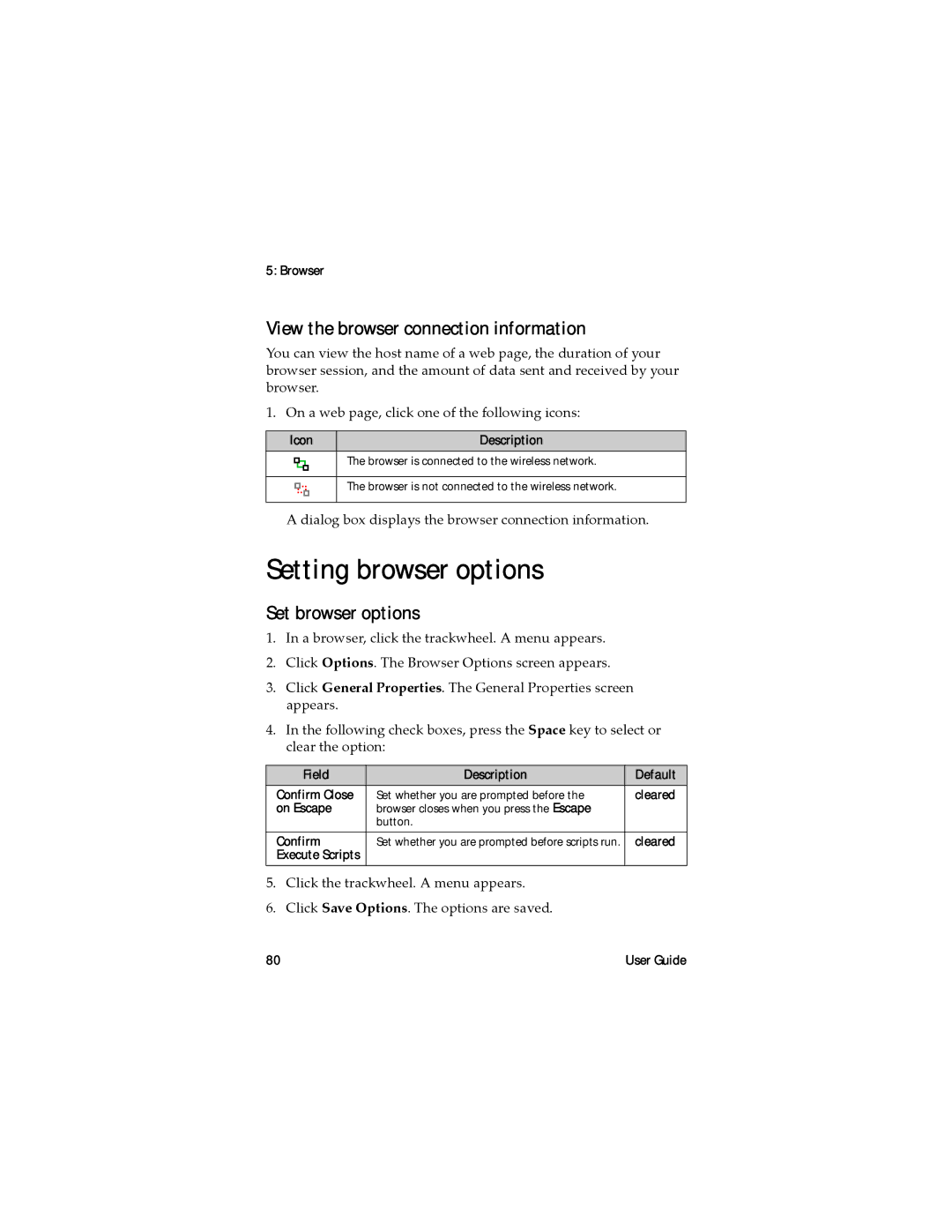 Blackberry RAL10IN manual Setting browser options, View the browser connection information, Set browser options 