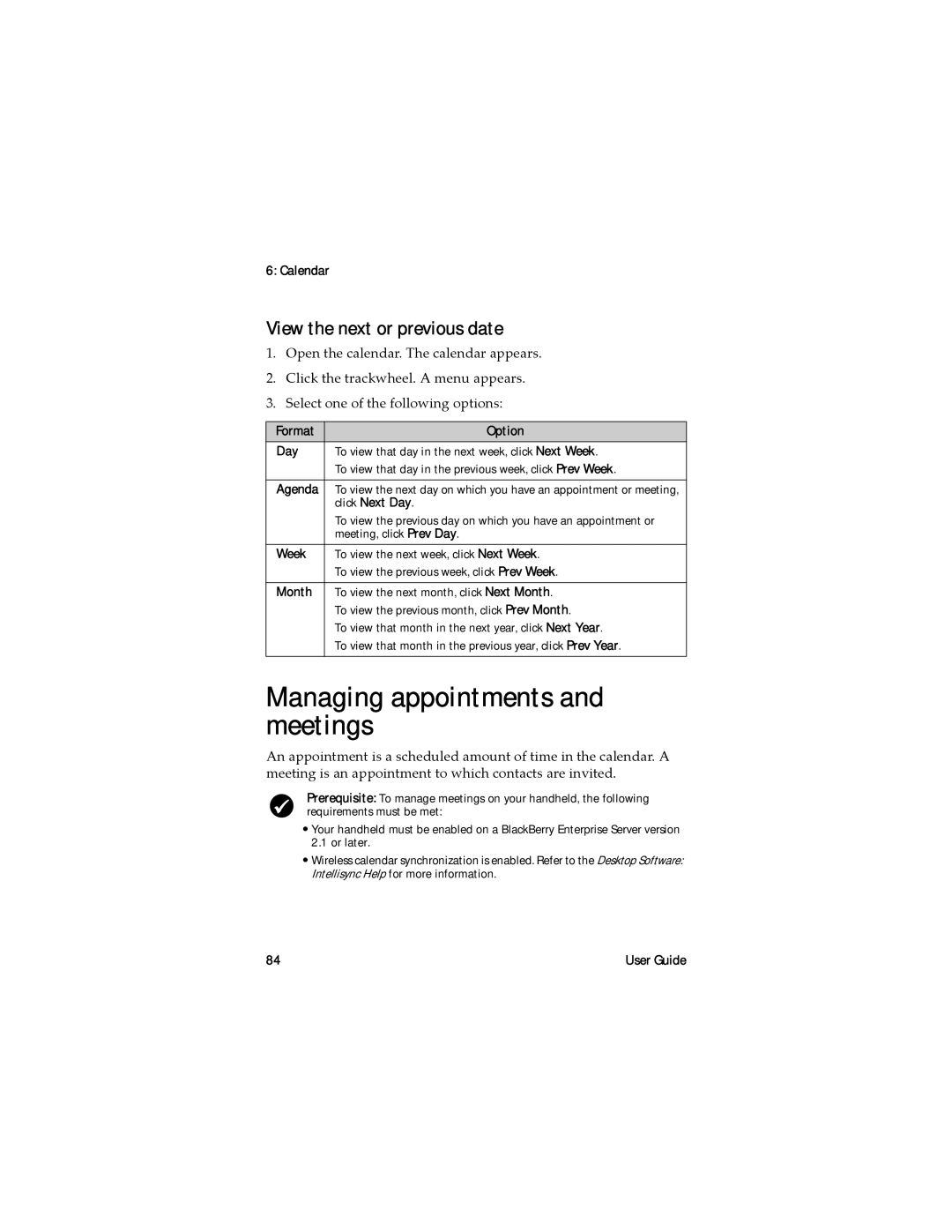 Blackberry RAL10IN manual Managing appointments and meetings, View the next or previous date 