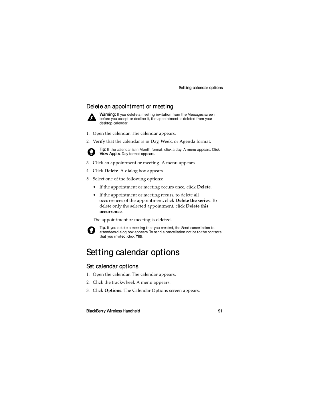 Blackberry RAL10IN manual Setting calendar options, Delete an appointment or meeting, Set calendar options 
