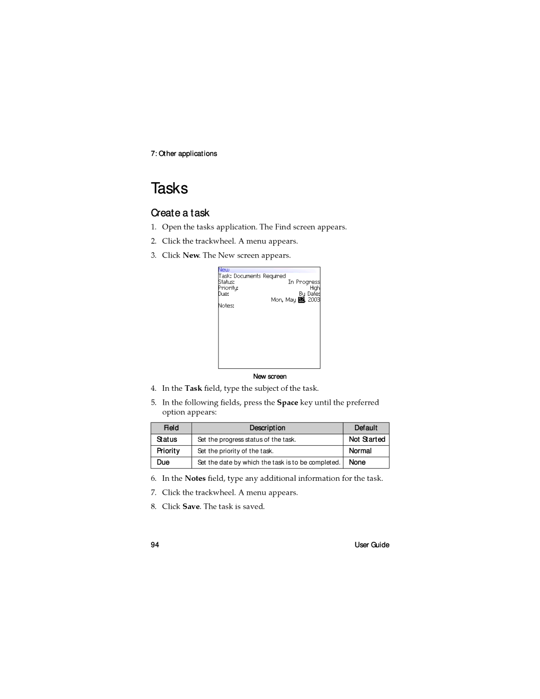 Blackberry RAL10IN manual Tasks, Create a task, Other applications, New screen 