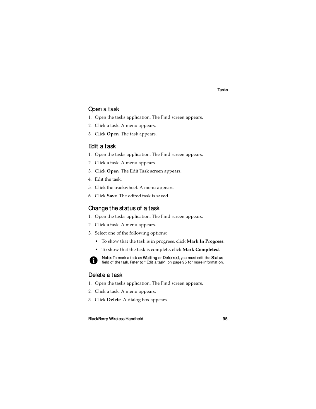 Blackberry RAL10IN manual Open a task, Edit a task, Change the status of a task, Delete a task, Tasks 