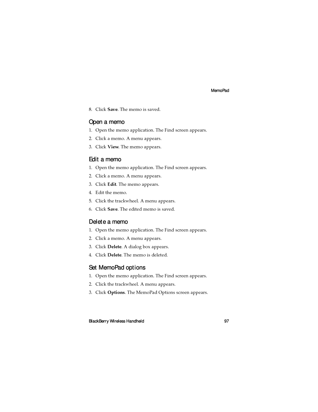 Blackberry RAL10IN manual Open a memo, Edit a memo, Delete a memo, Set MemoPad options, Click Save. The memo is saved 