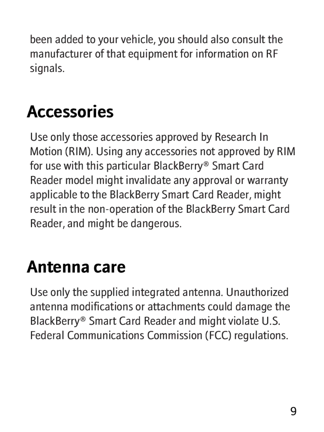 Blackberry RBB10BW manual Accessories, Antenna care 