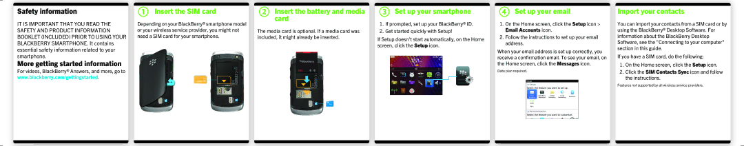 Blackberry RDS41CW Insert the SIM card, Insert the battery and media card, Set up your smartphone, Set up your email 