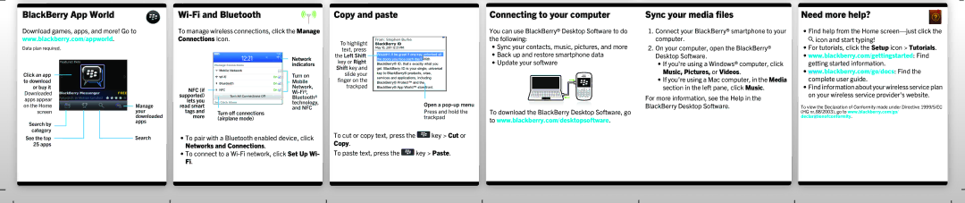 Blackberry RDT21CW BlackBerry App World, Wi-Fi and Bluetooth, Copy and paste Connecting to your computer, Need more help? 