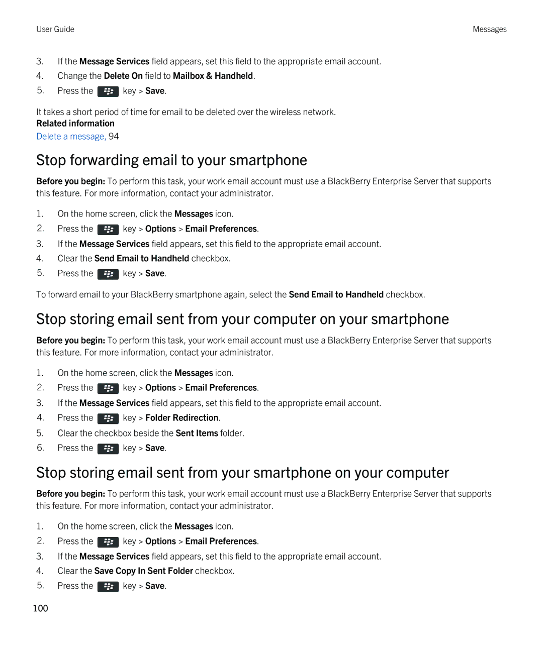 Blackberry REX41GW manual Stop forwarding email to your smartphone, Change the Delete On field to Mailbox & Handheld 