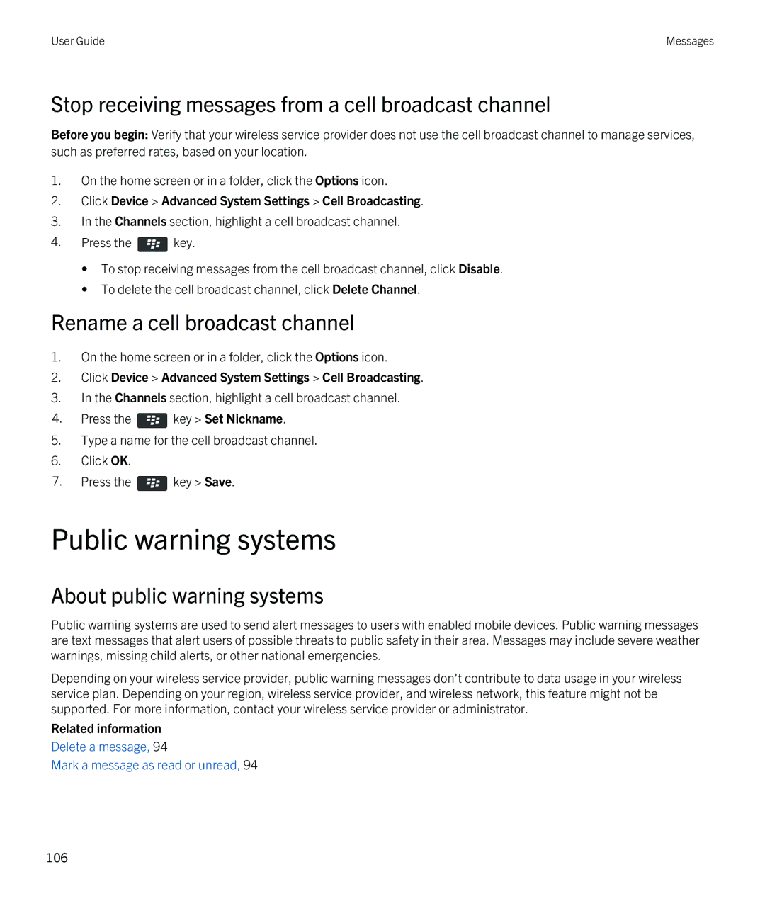 Blackberry REX41GW manual Public warning systems, Stop receiving messages from a cell broadcast channel 