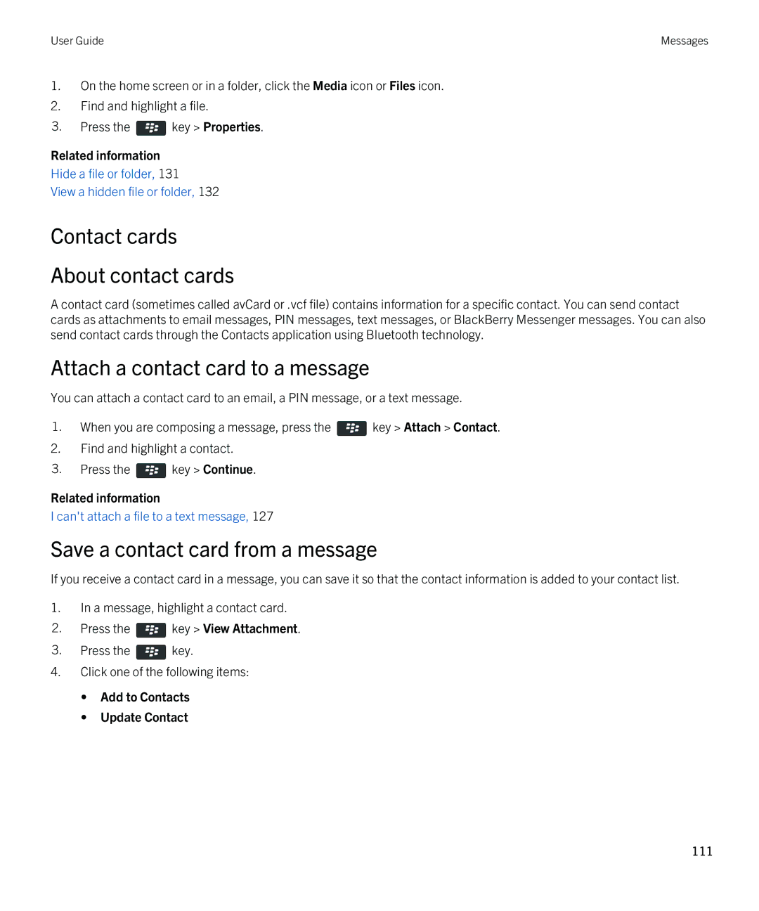 Blackberry REX41GW Contact cards About contact cards, Save a contact card from a message, Add to Contacts Update Contact 