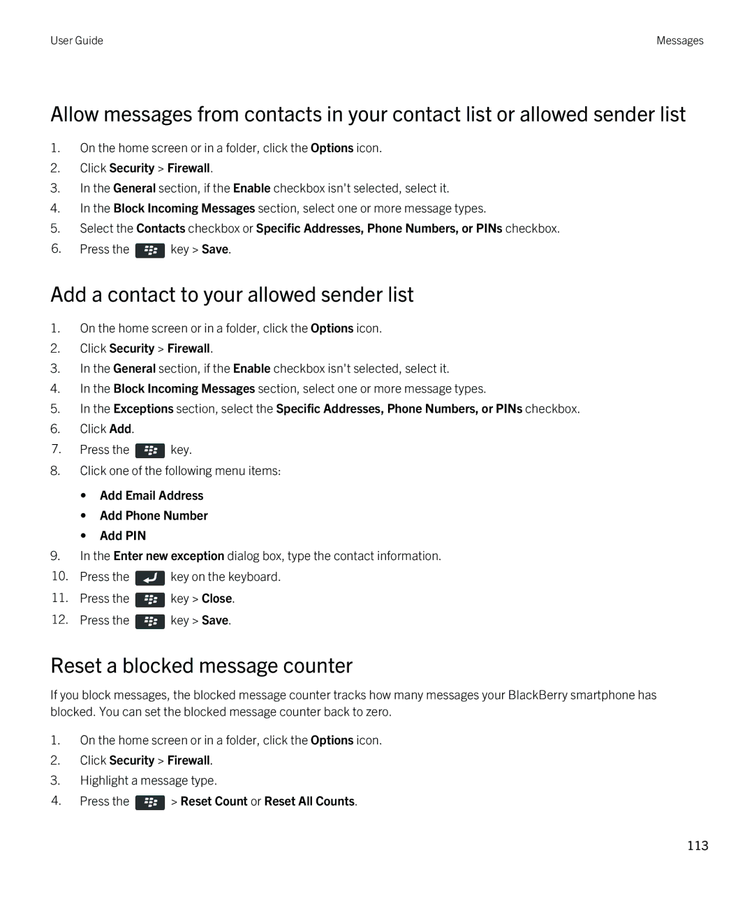 Blackberry REX41GW Add a contact to your allowed sender list, Reset a blocked message counter, Click Security Firewall 