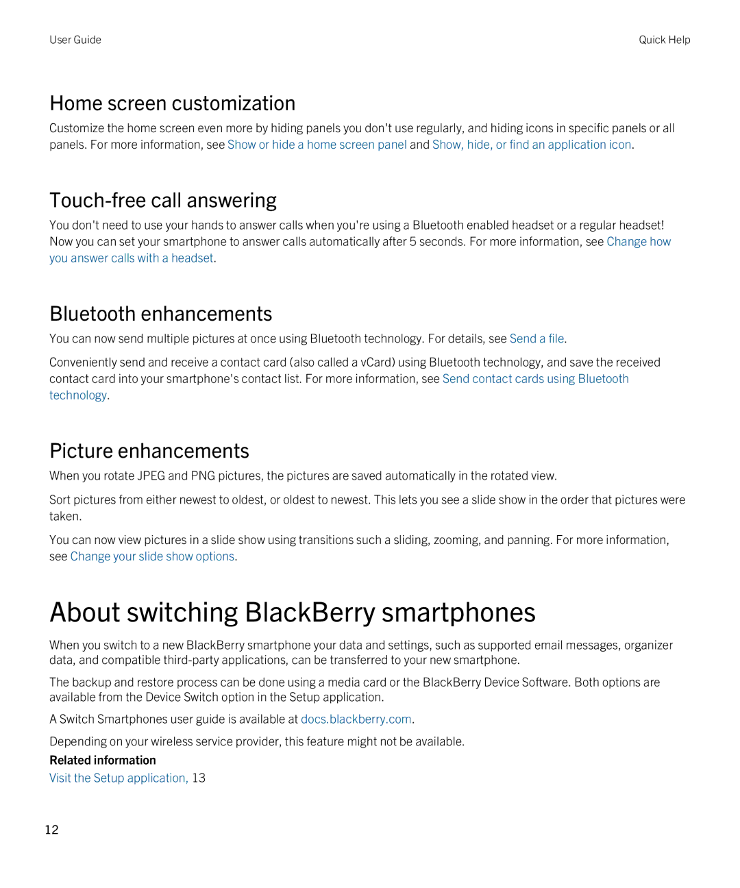 Blackberry REX41GW manual About switching BlackBerry smartphones, Home screen customization, Touch-free call answering 