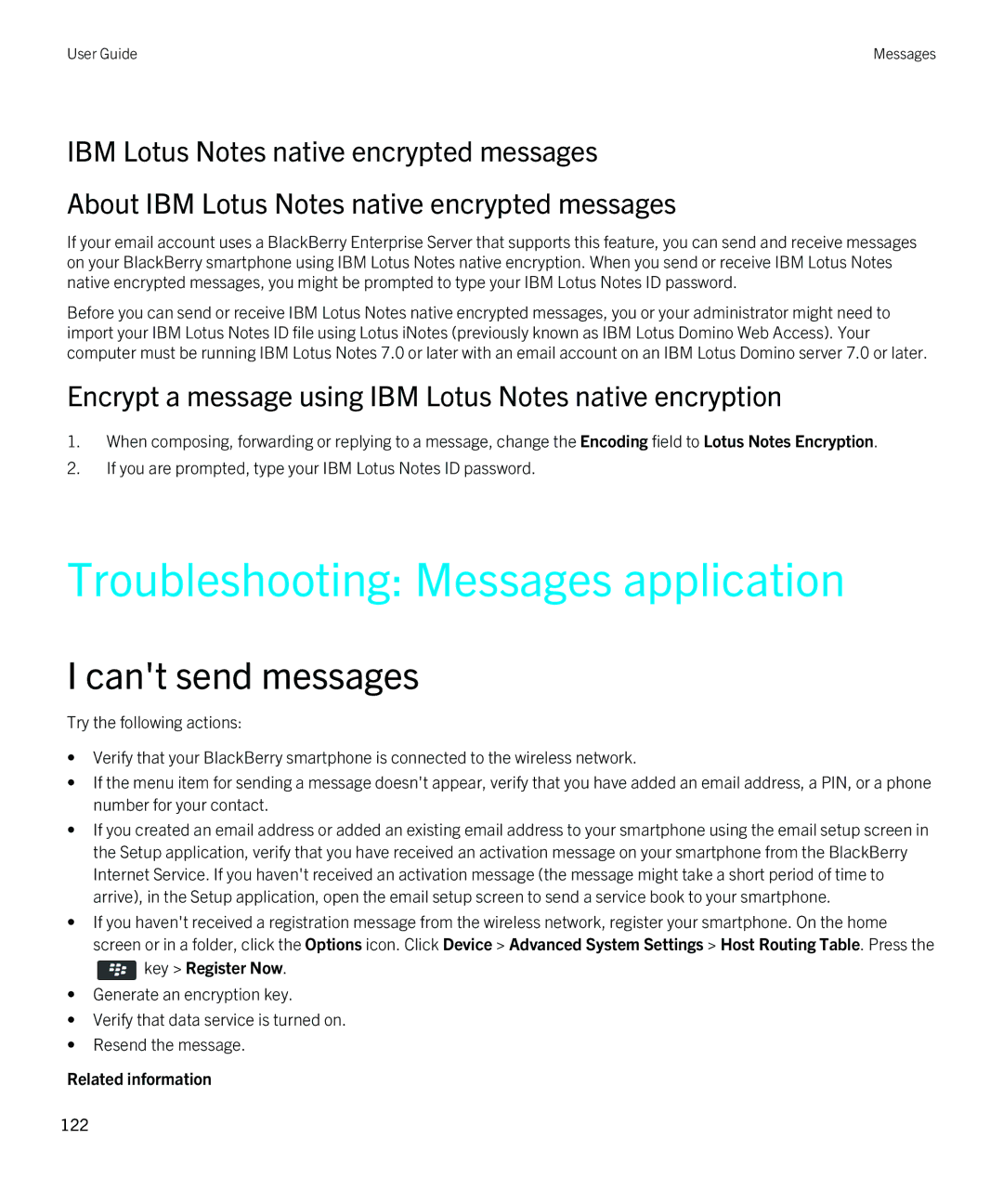 Blackberry REX41GW manual Troubleshooting Messages application, Encrypt a message using IBM Lotus Notes native encryption 