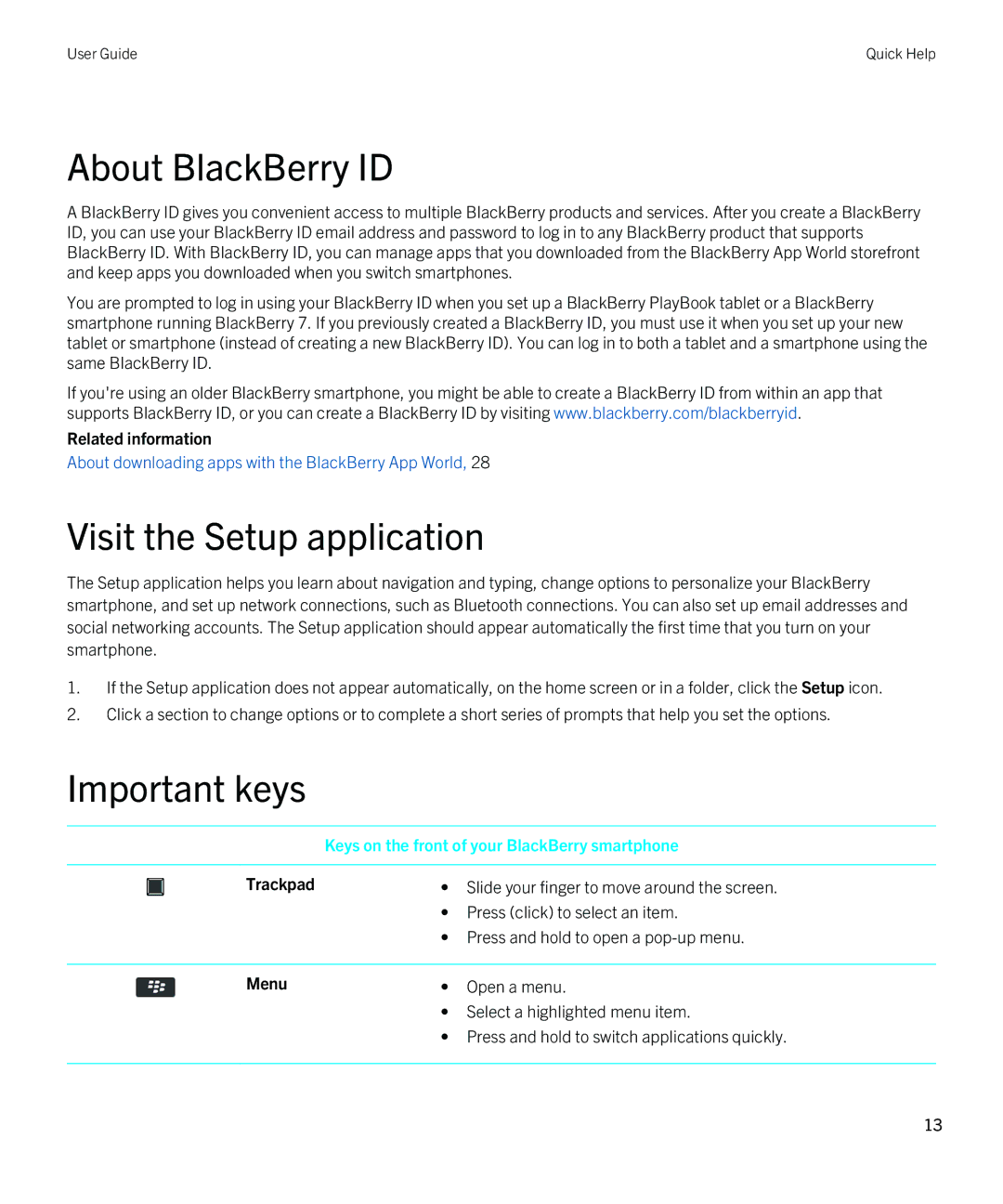 Blackberry REX41GW manual About BlackBerry ID, Visit the Setup application, Important keys, Trackpad, Menu 