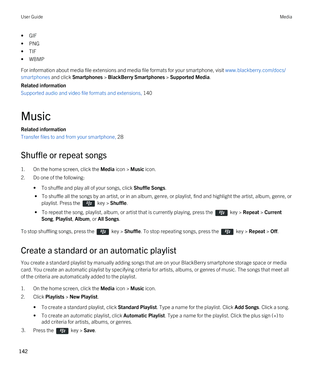 Blackberry REX41GW manual Music, Shuffle or repeat songs, Create a standard or an automatic playlist 