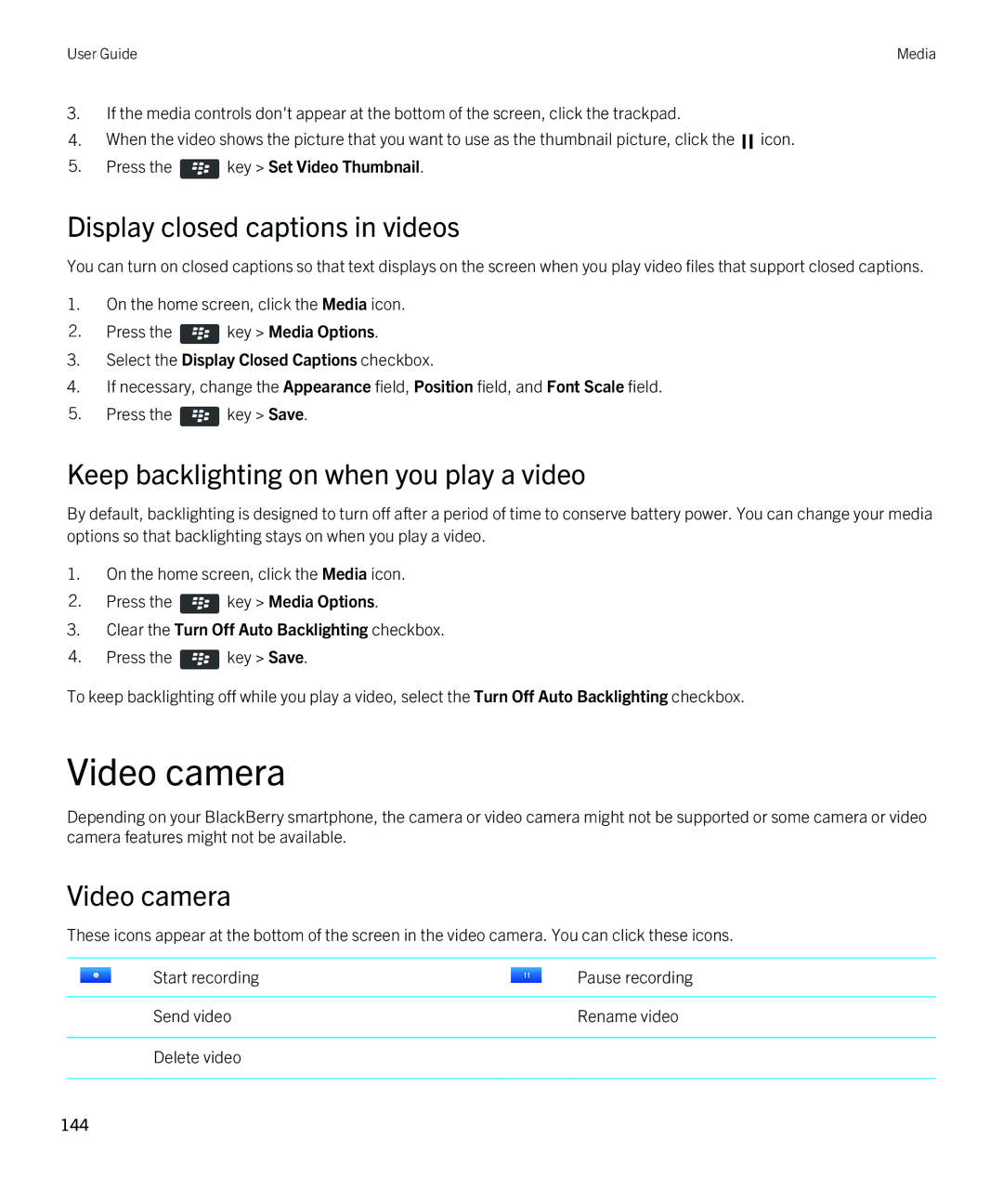 Blackberry REX41GW manual Video camera, Display closed captions in videos, Keep backlighting on when you play a video 