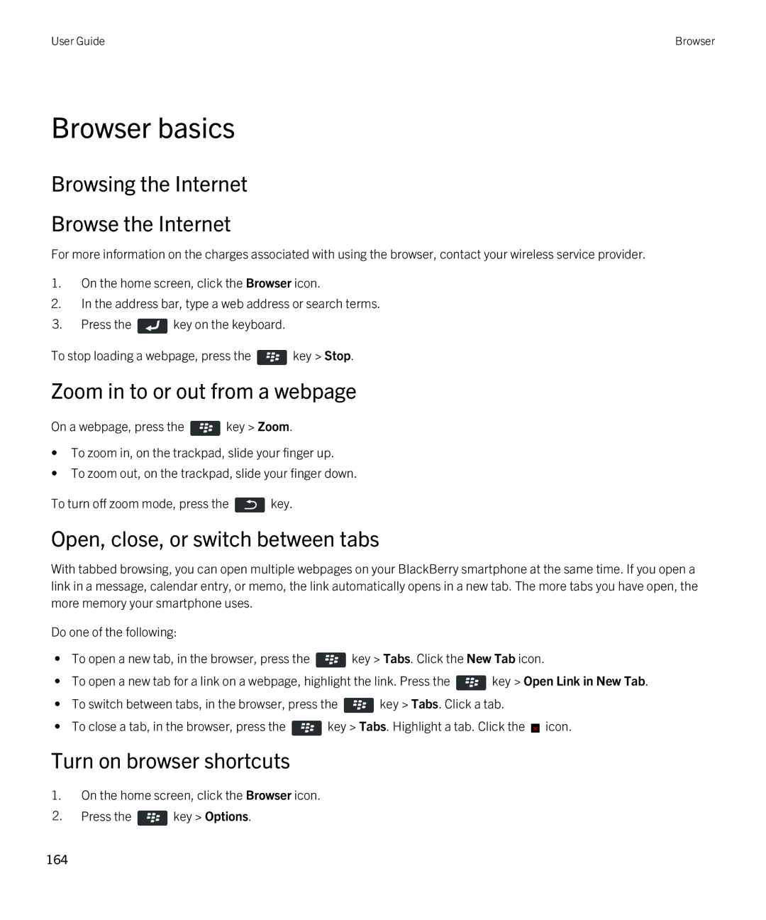 Blackberry REX41GW manual Browser basics, Browsing the Internet Browse the Internet, Zoom in to or out from a webpage 