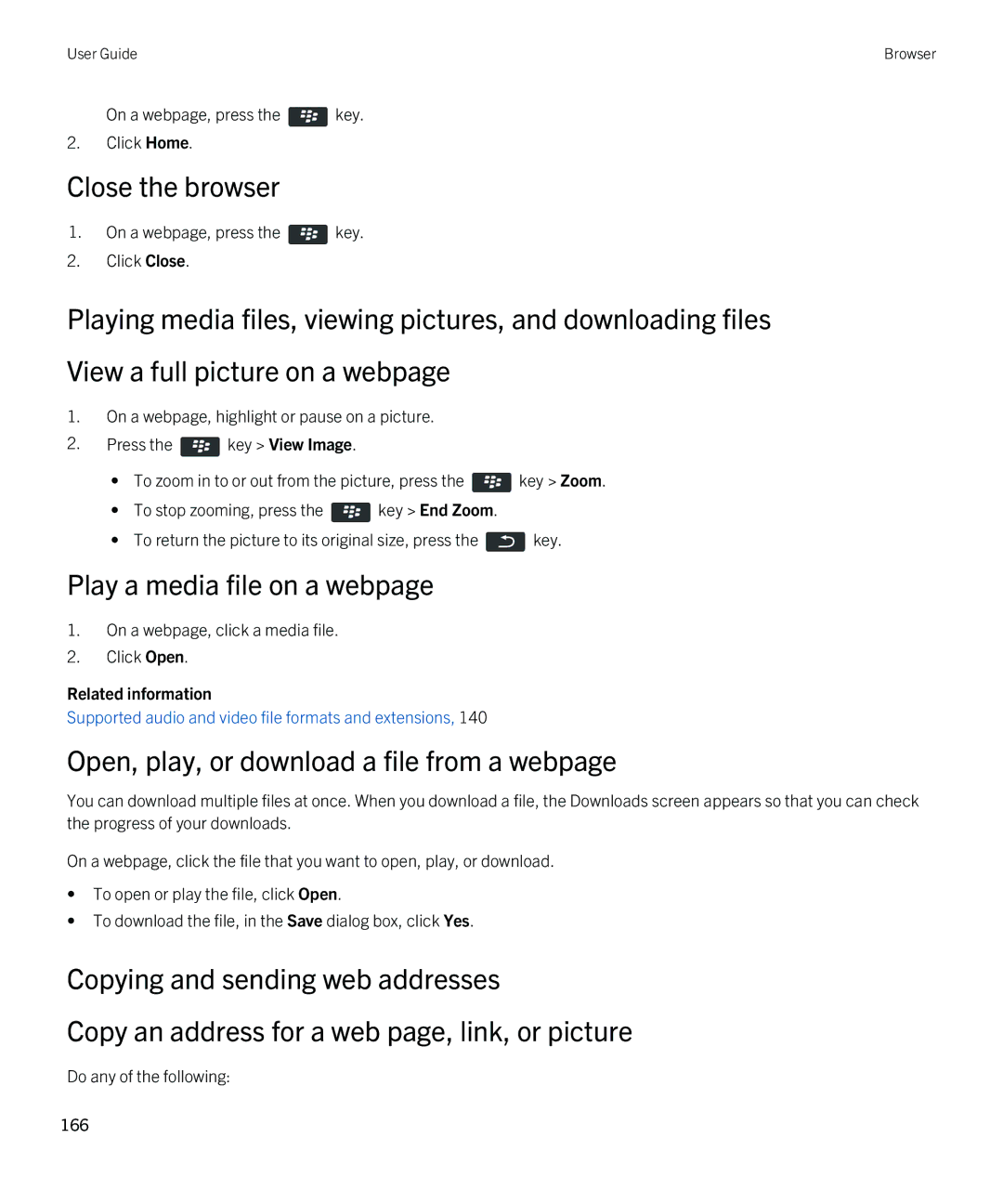 Blackberry REX41GW manual Close the browser, Play a media file on a webpage, Open, play, or download a file from a webpage 