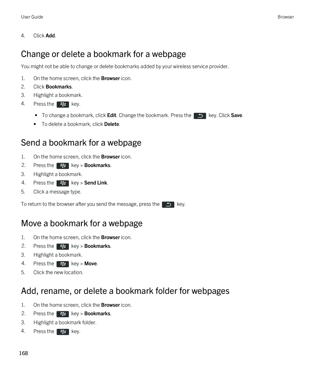 Blackberry REX41GW Change or delete a bookmark for a webpage, Send a bookmark for a webpage, Move a bookmark for a webpage 