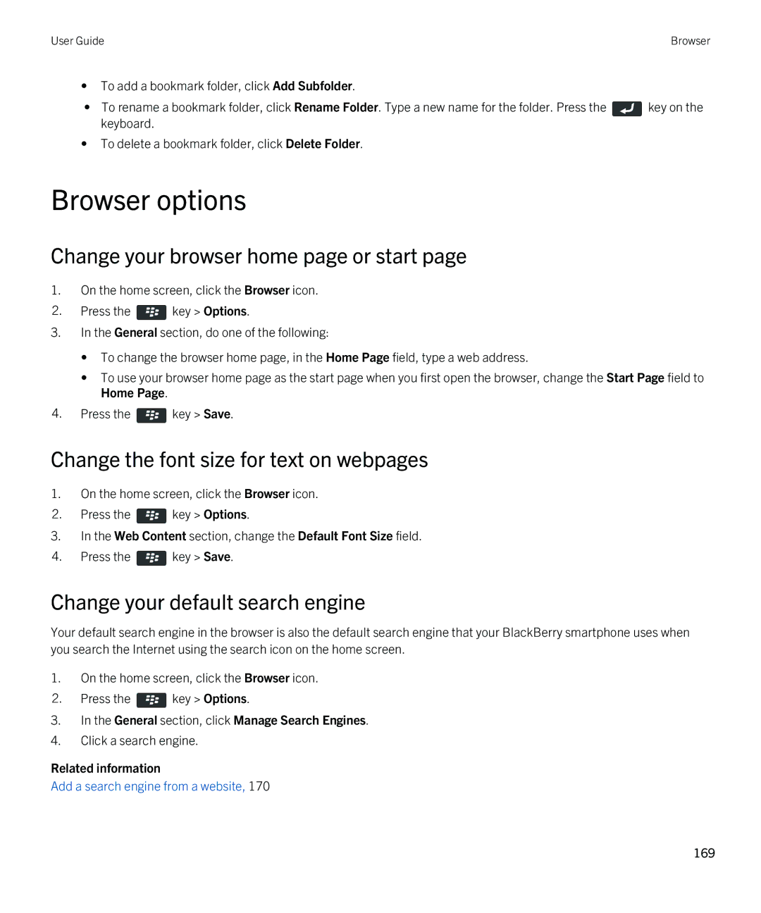 Blackberry REX41GW Browser options, Change your browser home page or start, Change the font size for text on webpages 