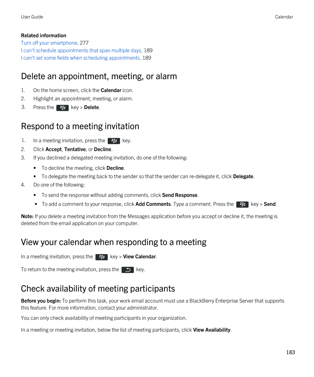 Blackberry REX41GW manual Delete an appointment, meeting, or alarm, Respond to a meeting invitation 