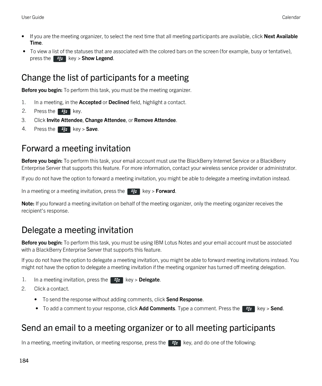 Blackberry REX41GW manual Change the list of participants for a meeting, Forward a meeting invitation 