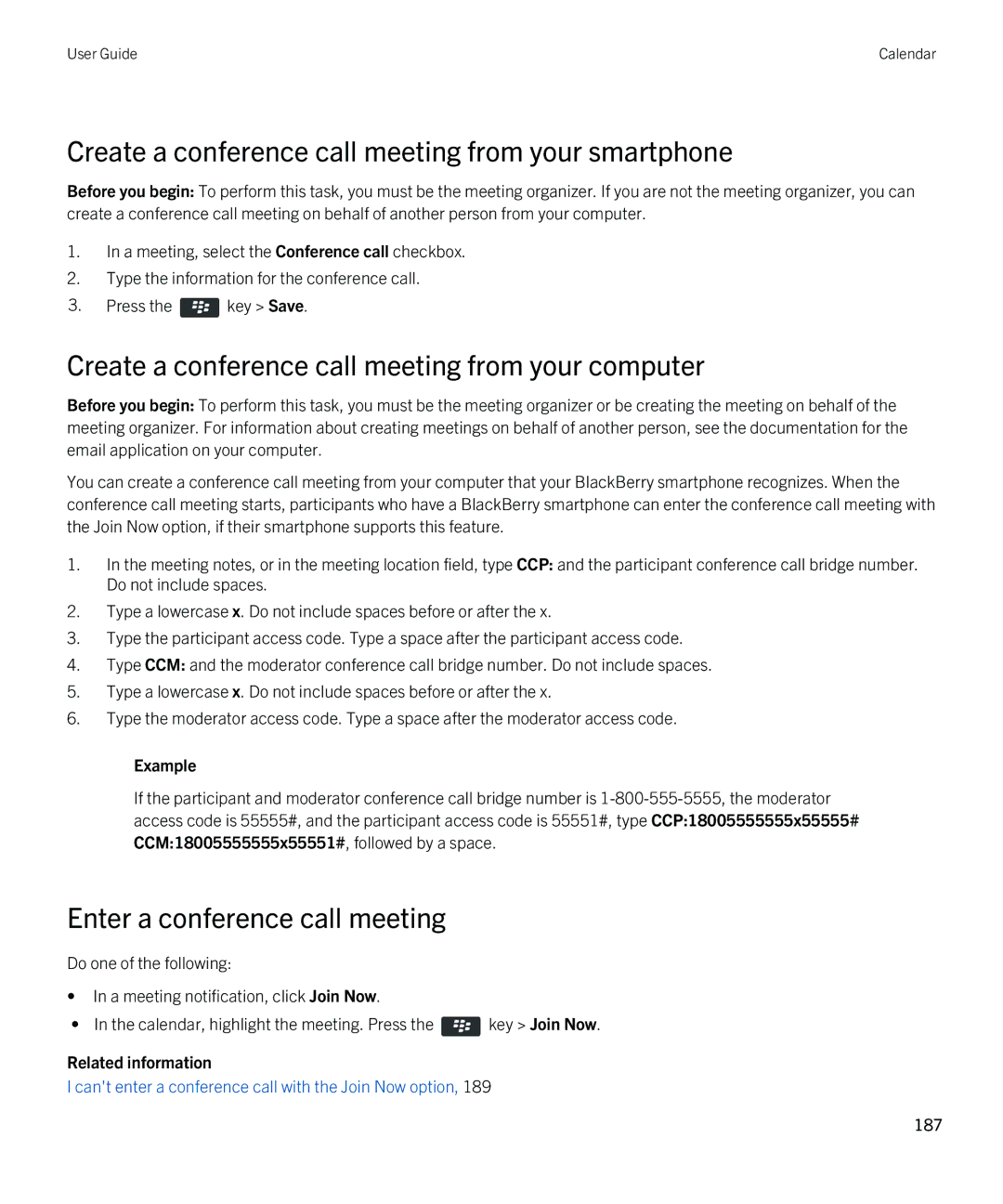 Blackberry REX41GW manual Create a conference call meeting from your smartphone, Enter a conference call meeting, Example 